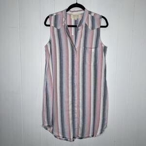 Cloth & Stone Anthropologie Women’s Linen Blend Raw Hem Striped Shirt Dress S